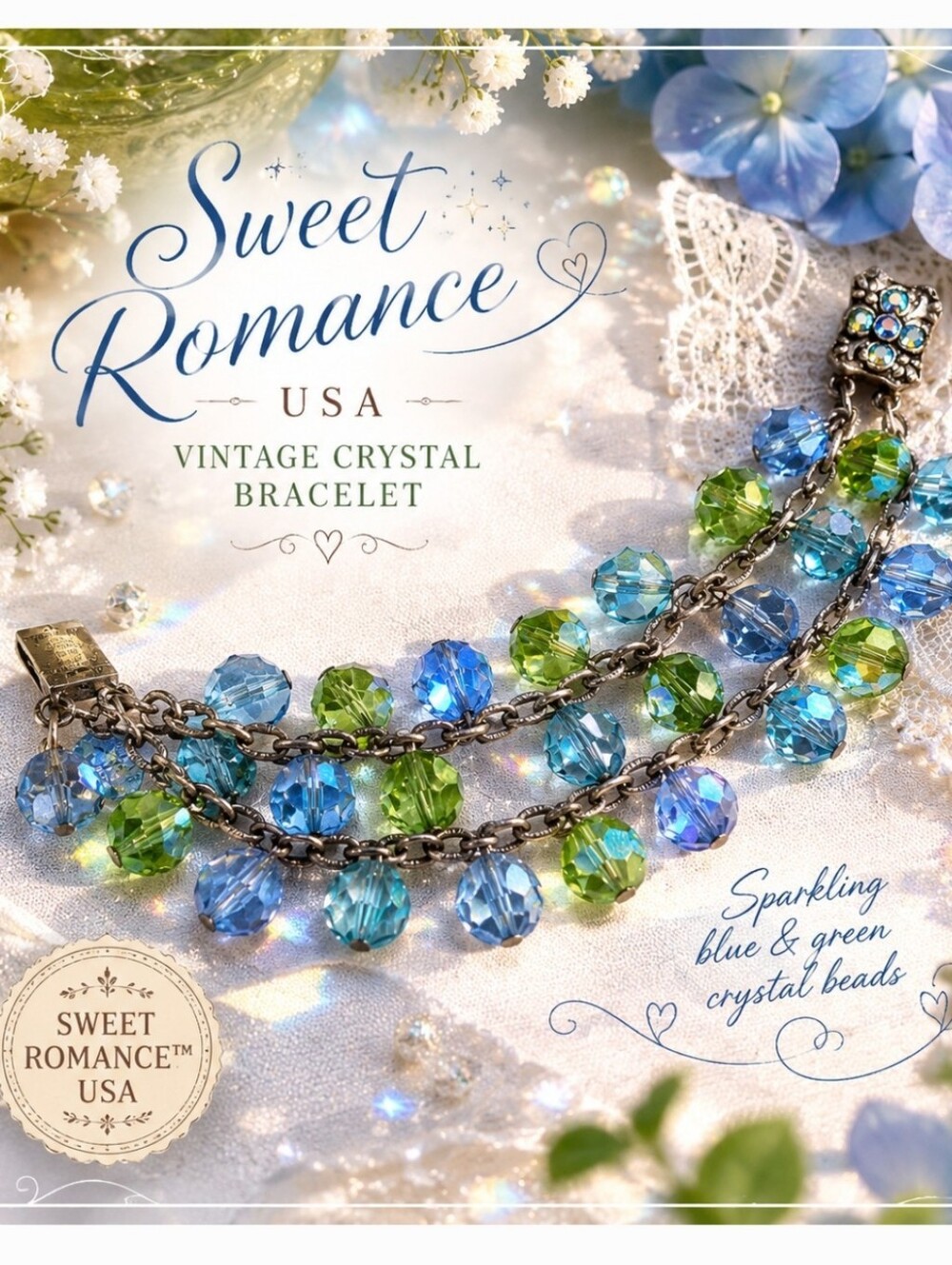 Sweet Romance USA Blue & Green Aurora Borealis Crystal Triple Strand Bracelet